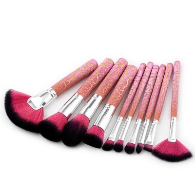 Pink Pattern Wood Handle Synthetic Hair Foundation Conceler Eye Shadow Fan Shape 10pc Set Makeup Brushes Make Up